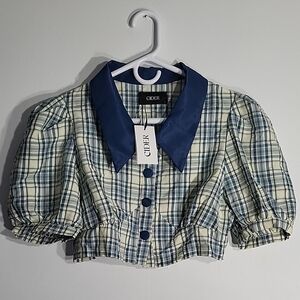 Cider Navy-Collar Blue Plaid Puff-Sleeve Crop Top Size L